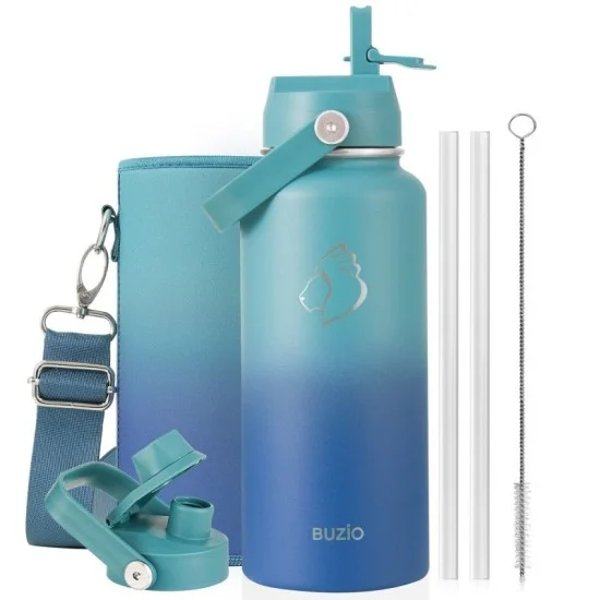 Buzio Duet Series Water Bottle with 2 Lids and Sleeve 1L - Cyan Blue